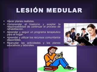 Hacer planes realistas. Comprender el trastorno y aceptar la responsabilidad de continuar el proceso de rehabilitación. Aprender y seguir un programa terapéutico para el hogar. Aprender y utilizar los recursos comunitarios disponibles. Reanudar las actividades y los planes educativos y laborales. LESIÓN MEDULAR 