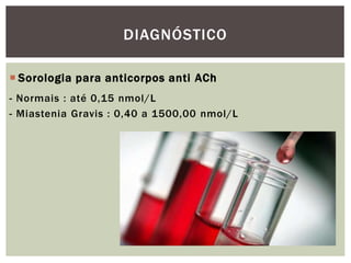  Sorologia para anticorpos anti ACh
- Normais : até 0,15 nmol/L
- Miastenia Gravis : 0,40 a 1500,00 nmol/L
DIAGNÓSTICO
 
