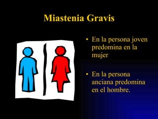 Miastenia Gravis En la persona joven predomina en la mujer En la persona anciana predomina en el hombre. 