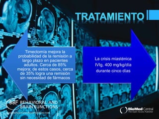 Timectomía mejora la 
probabilidad de la remisión a 
largo plazo en pacientes 
adultos. Cerca de 85% 
mejora; de estos casos, cerca 
de 35% logra una remisión 
sin necesidad de fármacos 
La crisis miasténica 
IVIg, 400 mg/kg/día 
durante cinco días 
 