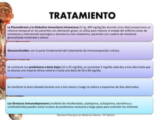 TRATAMIENTO
La Plasmaferesis y la Globulina inmunitaria intravenosa (IV Ig, 400 mg/kg/dia durante cinco dias) proporciona un
refuerzo temporal en los pacientes con afectación grave; se utiliza para mejorar el estado del enfermo antes de
someterse a intervención quirúrgica o durante la crisis miastenica. pacientes con cuadros de miastenia
generalizada moderada a severa.
Glucocorticoides: son la parte fundamental del tratamiento de inmunosupresión crónica.
Se comienza con prednisona a dosis bajas (15 a 25 mg/dia), se aumentan 5 mg/dia cada dos a tres dias hasta que
se alcanza una mejoría clínica notoria o hasta una dosis de 50 a 60 mg/dia.
Se mantiene la dosis elevada durante uno a tres meses y luego se reduce a esquemas de dias alternados.
Los fármacos inmunodepresores (mofetilo de micofenolato, azatioprina, ciclosporina, tacrolimus y
ciclofosfamida) pueden evitar la dosis de prednisona necesaria a largo plazo para controlar los síntomas
Harrison Principios de Medicina Interna. 18ª Edición.
 
