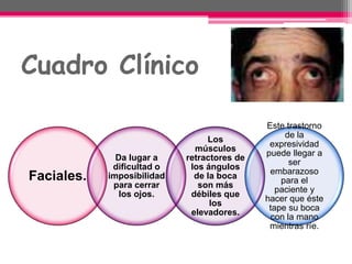 Cuadro Clínico
Faciales.
Da lugar a
dificultad o
imposibilidad
para cerrar
los ojos.
Los
músculos
retractores de
los ángulos
de la boca
son más
débiles que
los
elevadores.
Este trastorno
de la
expresividad
puede llegar a
ser
embarazoso
para el
paciente y
hacer que éste
tape su boca
con la mano
mientras ríe.
 