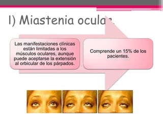 I) Miastenia ocular.
Las manifestaciones clínicas
están limitadas a los
músculos oculares, aunque
puede aceptarse la extensión
al orbicular de los párpados.
Comprende un 15% de los
pacientes.
 