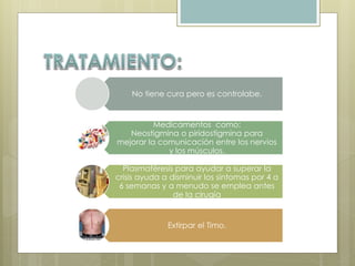No tiene cura pero es controlabe. 
Medicamentos como: 
Neostigmina o piridostigmina para 
mejorar la comunicación entre los nervios 
y los músculos. 
Plasmaféresis para ayudar a superar la 
crisis ayuda a disminuir los síntomas por 4 a 
6 semanas y a menudo se emplea antes 
de la cirugía 
Extirpar el Timo. 
 