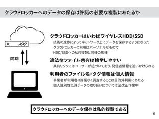 クラウドロッカーへのデータの保存は許諾の必要な複製にあたるか
同期
クラウドロッカーはいわばワイヤレスHDD/SSD 
　技術の進歩によってネットワーク上にデータを保存するようになった 
　クラウドロッカーの利用はパーソナルなもので 
　HDD/SSDへの私的複製と同様の態様
違法なファイル共有は検挙しやすい 
　共有リンクにはユーザーが紐づいており、発信者情報を追いかけられる
利用者のファイル名・タグ情報は個人情報 
　事業者が利用者の許諾なく調査することは目的外利用にあたる 
　個人識別性低減データの取り扱いについては法改正作業中
クラウドロッカーへのデータ保存は私的複製である
6
 