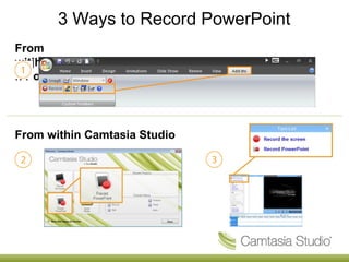 3 Ways to Record PowerPoint
From
witjhjjjjjjjjjjjjjjjjjjjjjjjjjjjjjjjjjhhi
n PowerPoint
From within Camtasia Studio
 
