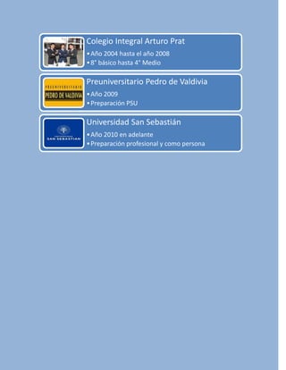 Colegio Integral Arturo Prat
• Año 2004 hasta el año 2008
• 8° básico hasta 4° Medio

Preuniversitario Pedro de Valdivia
•...