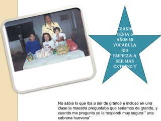 Cuando
                              tenia 6
                              años mi
                             vocabula
                                 rio
                             empieza a
                              ser mas
                             extenso y
                               fluido




No sabia lo que iba a ser de grande e incluso en una
clase la maestra preguntaba que seriamos de grande, y
cuando me pregunto yo le respondí muy segura “ una
cabrona huevona”
 