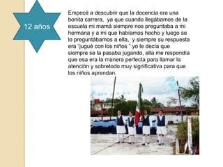 Empecé a descubrir que la docencia era una
          bonita carrera, ya que cuando llegábamos de la
12 años   escuela mi mamá siempre nos preguntaba a mi
          hermana y a mi que habíamos hecho y luego se
          lo preguntábamos a ella, y siempre su respuesta
          era “jugué con los niños ” yo le decía que
          siempre se la pasaba jugando, ella me respondía
          que esa era la manera perfecta para llamar la
          atención y sobretodo muy significativa para que
          los niños aprendan.
 