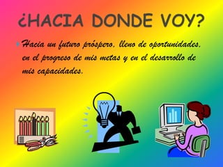  Hacia un futuro próspero, lleno de oportunidades,
 en el progreso de mis metas y en el desarrollo de
 mis capacidades.
 