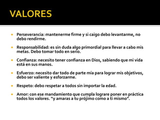    Perseverancia: mantenerme firme y si caigo debo levantarme, no
    debo rendirme.
   Responsabilidad: es sin duda algo primordial para llevar a cabo mis
    metas. Debo tomar todo en serio.
   Confianza: necesito tener confianza en Dios, sabiendo que mi vida
    está en sus manos.
   Esfuerzo: necesito dar todo de parte mía para lograr mis objetivos,
    debo ser valiente y esforzarme.
   Respeto: debo respetar a todos sin importar la edad.
   Amor: con ese mandamiento que cumpla lograre poner en práctica
    todos los valores. “y amaras a tu prójimo como a ti mismo”.
 