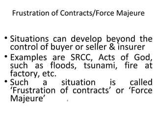 Frustration of Contracts/Force Majeure
• Situations can develop beyond the
control of buyer or seller & insurer
• Examples are SRCC, Acts of God,
such as floods, tsunami, fire at
factory, etc.
• Such a situation is called
‘Frustration of contracts’ or ‘Force
Majeure’ c
 