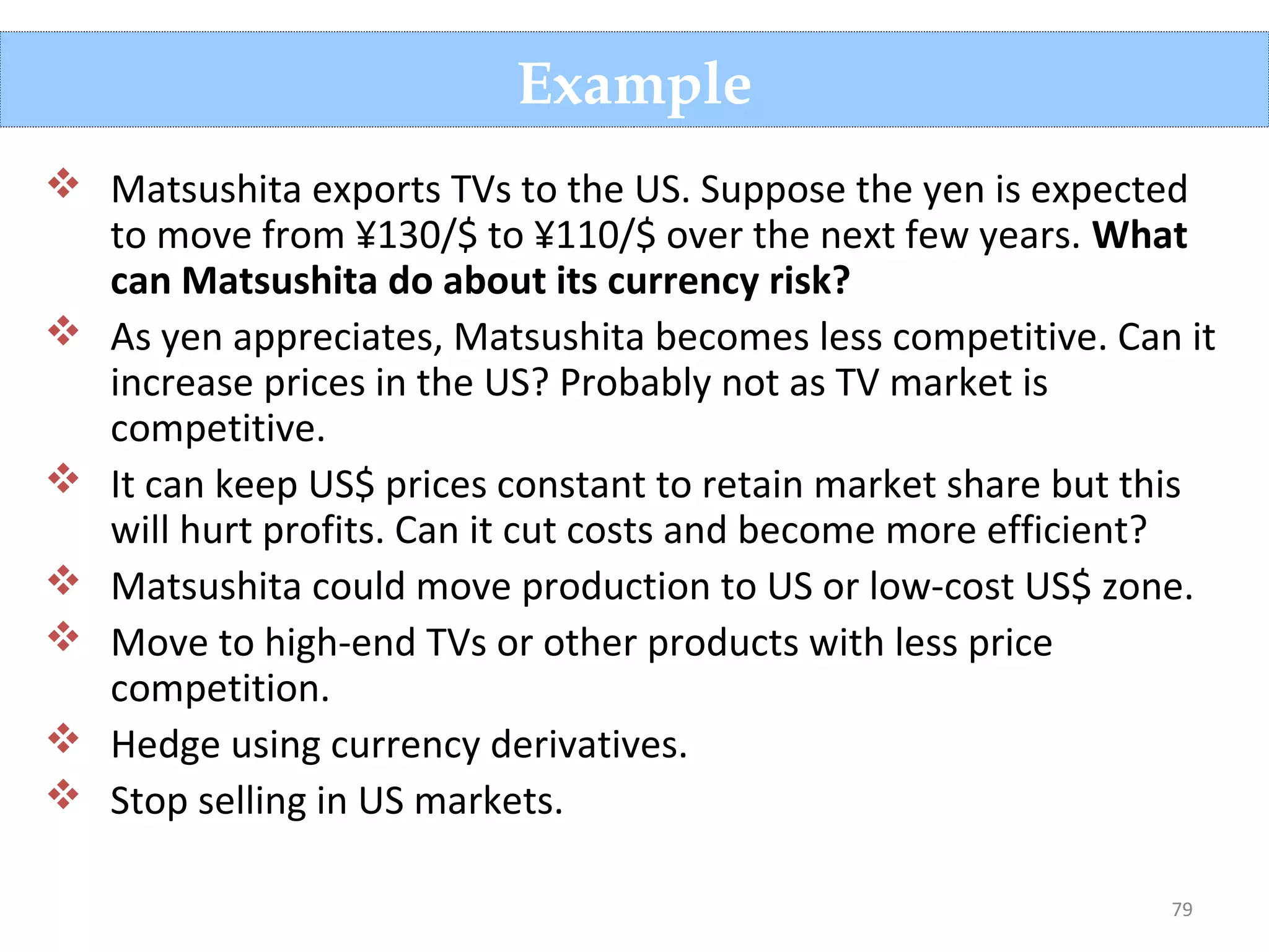79
Example
 Matsushita exports TVs to the US. Suppose the yen is expected
to move from ¥130/$ to ¥110/$ over the next few years. What
can Matsushita do about its currency risk?
 As yen appreciates, Matsushita becomes less competitive. Can it
increase prices in the US? Probably not as TV market is
competitive.
 It can keep US$ prices constant to retain market share but this
will hurt profits. Can it cut costs and become more efficient?
 Matsushita could move production to US or low-cost US$ zone.
 Move to high-end TVs or other products with less price
competition.
 Hedge using currency derivatives.
 Stop selling in US markets.
 