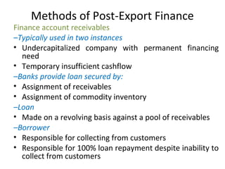 Methods of Post-Export Finance
Finance account receivables
–Typically used in two instances
• Undercapitalized company with permanent financing
need
• Temporary insufficient cashflow
–Banks provide loan secured by:
• Assignment of receivables
• Assignment of commodity inventory
–Loan
• Made on a revolving basis against a pool of receivables
–Borrower
• Responsible for collecting from customers
• Responsible for 100% loan repayment despite inability to
collect from customers
 