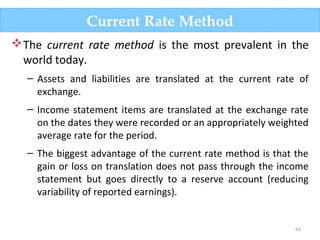 63
The current rate method is the most prevalent in the
world today.
– Assets and liabilities are translated at the current rate of
exchange.
– Income statement items are translated at the exchange rate
on the dates they were recorded or an appropriately weighted
average rate for the period.
– The biggest advantage of the current rate method is that the
gain or loss on translation does not pass through the income
statement but goes directly to a reserve account (reducing
variability of reported earnings).
Current Rate Method
 