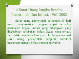 4.Surat Utang Jangka Pendek
Pemerintah Dan Inflasi, 1963-2002
Surat utang pemerintah berjangka 30 hari
akan menyesuaikan dengan cepat terhadap
perubahan tingkat inflasi yang diharapkan yang
disebabkan perubahan inflasi aktual yang terjadi.
Jadi tidak mengherankan jika suku bunga nominal
surat utang pemerintah bergerak kira-kira
bersamaan dengan inflasi sepanjang waktu.
 