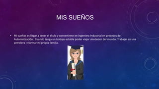 MIS SUEÑOS
• Mi sueños es llegar a tener el título y convertirme en ingeniera Industrial en procesos de
Automatización. Cuando tenga un trabajo estable poder viajar alrededor del mundo. Trabajar en una
petrolera y formar mi propia familia.

 