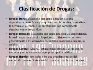 Clasificación de Drogas:
• Drogas Duras: es aquella que causa adicción y/o una
dependencia tanto física y psíquica como la cocaína, la morfina,
la heroína, el alcohol, o las anfetaminas son comúnmente
descritas como drogas dura.
• Drogas Blandas: Es aquella que causa una sola y/o dependencia,
la cual puede ser a nivel solo psíquico, o físico el término es
generalmente a los derivados el cannabis, marihuana, hachís, la
cafeína.
• Drogas Legales: Alcohol, tabaco psicofármacos, estimulantes
menores y otras sustancias bajo prescripción médica.
• Drogas Ilegales: son todas a las que acceden a través del
narcotráfico como Derivados del cannabis, marihuana, cocaína.

 