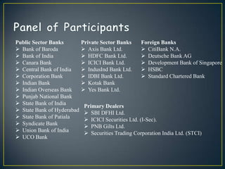Public Sector Banks         Private Sector Banks     Foreign Banks
 Bank of Baroda             Axis Bank Ltd.          CitiBank N.A.
 Bank of India              HDFC Bank Ltd.          Deutsche Bank AG
 Canara Bank                ICICI Bank Ltd.         Development Bank of Singapore
 Central Bank of India      IndusInd Bank Ltd.      HSBC
 Corporation Bank           IDBI Bank Ltd.          Standard Chartered Bank
 Indian Bank                Kotak Bank
 Indian Overseas Bank       Yes Bank Ltd.
 Punjab National Bank
 State Bank of India
                             Primary Dealers
 State Bank of Hyderabad
                              SBI DFHI Ltd.
 State Bank of Patiala
                              ICICI Securities Ltd. (I-Sec).
 Syndicate Bank
                              PNB Gilts Ltd.
 Union Bank of India
                              Securities Trading Corporation India Ltd. (STCI)
 UCO Bank
 