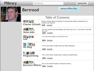 Mibrary             Find Libraries                                                       Upload ﬁle

                                                                    Upload ofﬂine ﬁles
          Bertrood
                                      Table of Contents
                               Charter schools allow the freedom to demand the highest expectations of
                               students and teachers
          Charter Schools

                                You can’t build a cool technology, then ﬁnd users for it. You have to start with
                                the user!
          Steve Jobs
                                This is your latest insight on the profession of law

          Law

                                This is your latest insight from your latest blog post
          My Blog


                                This is your latest insight about computer programming
          Programming


                                This is your latest thought on business metrics
          Business Metrics
 