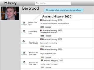 Mibrary                 Find Libraries


          Bertrood                       Organize what you’re learning at school


                                Ancient History 2650
                                  Ancient History 2650
            Genghis Khan
            Paper             an insight from the paper, after uploading it




             Genghis Khan
                                  Ancient History 2650
             Paper            insight #2 from the paper




                                  Ancient History 2650
             Alexander the
                             Major insight from reading
             Great Reading



                                  Ancient History 2650
             Alexander the
             Great Paper      Major insight from paper




                                  Ancient History 2650
             Alexander the
             Great Paper      another insight from paper
 