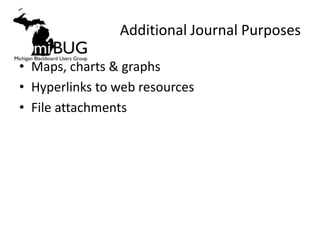 Additional Journal Purposes

• Maps, charts & graphs
• Hyperlinks to web resources
• File attachments
 