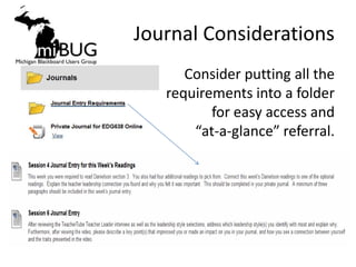 Journal Considerations
      Consider putting all the
   requirements into a folder
          for easy access and
       “at-a-glance” referral.
 