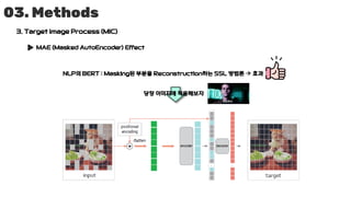 03. Methods
3. Target Image Process (MIC)
MAE (Masked AutoEncoder) Effect
NLP의 BERT : Masking된 부분을 Reconstruction하는 SSL 방법론 → 효과
당장 이미지에 적용해보자
 