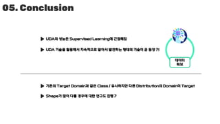 05. Conclusion
UDA의 성능은 Supervised Learning에 근접해짐
UDA 기술을 활용해서 지속적으로 알아서 발전하는 형태의 기술이 곧 등장 ?!
데이터
확보
기존의 Target Domain과 같은 Class / 유사하지만 다른 Distribution의 Domain이 Target
Shape가 많이 다를 경우에 대한 연구도 진행 ?
 