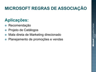 Aplicações:





Recomendação
Projeto de Catálogos
Mala direta de Marketing direcionado
Planejamento de promoções e vendas

 