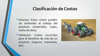 Clasificación de Costos
• Directos: Estos costos pueden
ser atribuidos al trabajo del
proyecto. (materiales, viajes,
mano de obra).
• Indirectos: Costos incurridos
para el beneficio de más de un
proyecto. (seguros, impuestos,
etc).
 