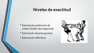 Niveles de exactitud
• Estimación preliminar de
costos (Orden de magnitud)
• Estimación de presupuesto
• Estimación definitiva
 