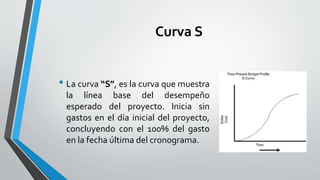 Curva S
• La curva “S”, es la curva que muestra
la línea base del desempeño
esperado del proyecto. Inicia sin
gastos en el día inicial del proyecto,
concluyendo con el 100% del gasto
en la fecha última del cronograma.
 