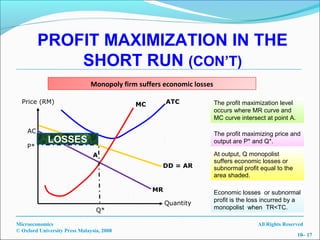 PROFIT MAXIMIZATION IN THE
             SHORT RUN (CON’T)
                               Monopoly firm suffers economic losses

  Price (RM)                                MC        ATC              The profit maximization level
                                                                       occurs where MR curve and
                                                                       MC curve intersect at point A.

    AC                                                                 The profit maximizing price and
             LOSSES                                                    output are P* and Q*.
    P*
                                A                                      At output, Q monopolist
                                                                       suffers economic losses or
                                                    DD = AR            subnormal profit equal to the
                                                                       area shaded.

                                                 MR                    Economic losses or subnormal
                                                                       profit is the loss incurred by a
                                                      Quantity
                                 Q*                                    monopolist when TR<TC.

Microeconomics                                                                         All Rights Reserved
© Oxford University Press Malaysia, 2008
                                                                                                        10– 17
 