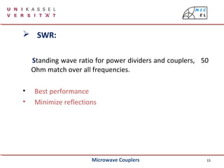 15
 SWR:
Standing wave ratio for power dividers and couplers, 50
Ohm match over all frequencies.
• Best performance
• Minimize reflections
Microwave Couplers
 