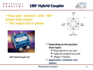 25
180° Hybrid Coupler [7].
 Depending on the junction
three types:
 Ring hybrid or rat-race
 Tapered coupled line and
 Magic-T hybrid.
 Application: combiner and
splitter.
180180oo
Hybrid CouplerHybrid Coupler
Four-port network with 180°
phase shift output
 The output are in phase
Microwave Couplers
 