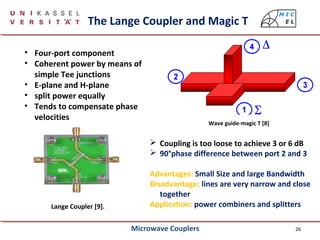 26
• Four-port component
• Coherent power by means of
simple Tee junctions
• E-plane and H-plane
• split power equally
• Tends to compensate phase
velocities
Lange Coupler [9].
 Coupling is too loose to achieve 3 or 6 dB
 90°phase difference between port 2 and 3
Advantages: Small Size and large Bandwidth
Disadvantage: lines are very narrow and close
together
Application: power combiners and splitters
The Lange Coupler and Magic T
Wave guide-magic T [8]
Microwave Couplers
 