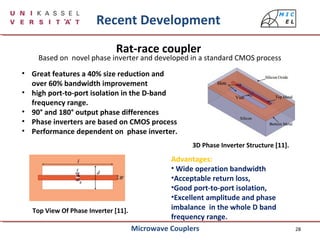 28
Recent Development
Rat-race coupler
3D Phase Inverter Structure [11].
Top View Of Phase Inverter [11].
• Great features a 40% size reduction and
over 60% bandwidth improvement
• high port-to-port isolation in the D-band
frequency range.
• 90° and 180° output phase differences
• Phase inverters are based on CMOS process
• Performance dependent on phase inverter.
Advantages:
• Wide operation bandwidth
•Acceptable return loss,
•Good port-to-port isolation,
•Excellent amplitude and phase
imbalance in the whole D band
frequency range.
Based on novel phase inverter and developed in a standard CMOS process
Microwave Couplers
 