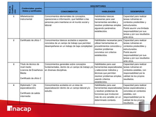                                                                       	
  



Cualifica-
                                                                                              DESCRIPTORES	
  
Nivel de
               Credenciales: grados,                               	
                                         	
                           	
  


ción 	
  
                títulos y certificados	
                     CONOCIMIENTOS	
                             HABILIDADES	
                DESEMPEÑOS 	
  

     1	
     Alfabetización                  Conocimientos elementales de conceptos,              Habilidades básicas          Capacidad para realizar
             instrumental	
                  operaciones e información, que habiliten a las       necesarias para usar         tareas rutinarias en
                                             personas para insertarse en el mundo social y        herramientas sencillas y     contextos predecibles y
                                             laboral.	
                                           resolver problemas simples   estructurados. 	
  
                                                                                                  siguiendo parámetros         Podrá asumir una limitada
                                                                                                  establecidos.	
              responsabilidad por sus
                                                                                                                               tareas y por sus resultados
                                                                                                                               ante otros.	
  
     2	
     Certificado de oficio 1	
       Conocimientos básicos acotados a aspectos           Habilidades necesarias para   Capacidad para realizar
                                             concretos de un campo de trabajo que permiten       utilizar herramientas en      tareas rutinarias en
                                             desempeñarse en un trabajo de baja complejidad.	
   procedimientos conocidos y    contextos predecibles y
                                                                                                 resolver problemas            estructurados. 	
  
                                                                                                 concretos con criterios       Podrá asumir
                                                                                                 establecidos. 	
              responsabilidad por sus
                                                                                                                               tareas y por sus resultados
                                                                                                                               ante otros.	
  
     3	
     Título de técnico de            Conocimientos generales sobre conceptos          Habilidades para usar            Capacidad para realizar
             nivel medio	
                   fundamentales, dentro de un campo de trabajo y/o herramientas especializadas      tareas rutinarias en
             Licencia de Enseñanza           en diversas disciplinas. 	
                      y seleccionar métodos y          contextos estables, con
             Media	
                                                                          técnicas que permitan            responsabilidad por la
                                                                                              resolver problemas simples;      calidad de los propios
             Certificado de oficio 2	
                                                        usando criterios                 resultados.	
  
                                                                                              establecidos.	
  
     4	
     Diplomado 1 (de                 Conocimientos acotados en un área de             Habilidades para usar            Capacidad para realizar
             especialización)	
              especialización dentro de un campo laboral y/o   herramientas especializadas      tareas especializadas y
                                             estudio.	
                                       y resolver problemas de          concretas en contextos
             Certificado de salida                                                            funciones que involucran         estables, con
             intermedia 	
                                                                    más de una variable; en un       responsabilidad por la
                                                                                              determinado contexto.	
          calidad de los propios
                                                                                                                               resultados.	
  
 
