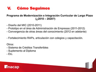V.      Cómo Seguimos
Programa de Modernización e Integración Curricular de Largo Plazo
                    (¿2010 – 2020?)

- Diseño del MIC (2010-2011)
- Prototipo en el área de Administración de Empresas (2011-2012)
- Convergencia de otras áreas del conocimiento (2012 en adelante)

- Fortalecimiento RAPs, articulación con colegios y capacitación.

Otros:
- Sistema de Créditos Transferibles
- Suplemento al Diploma
- Etc.
 