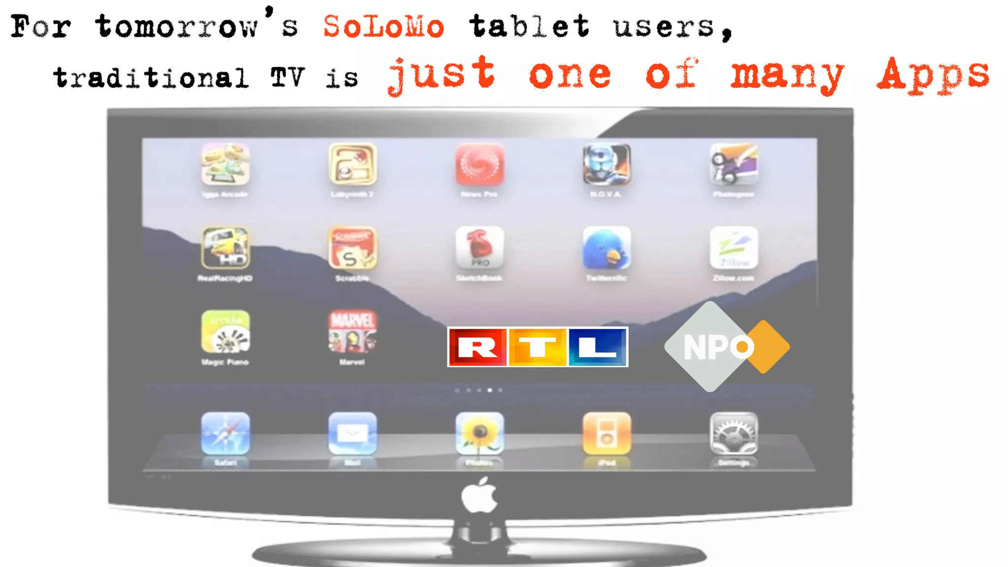 For tomorrow’s SoLoMo tablet users,
 traditional TV is   just one of many Apps
 