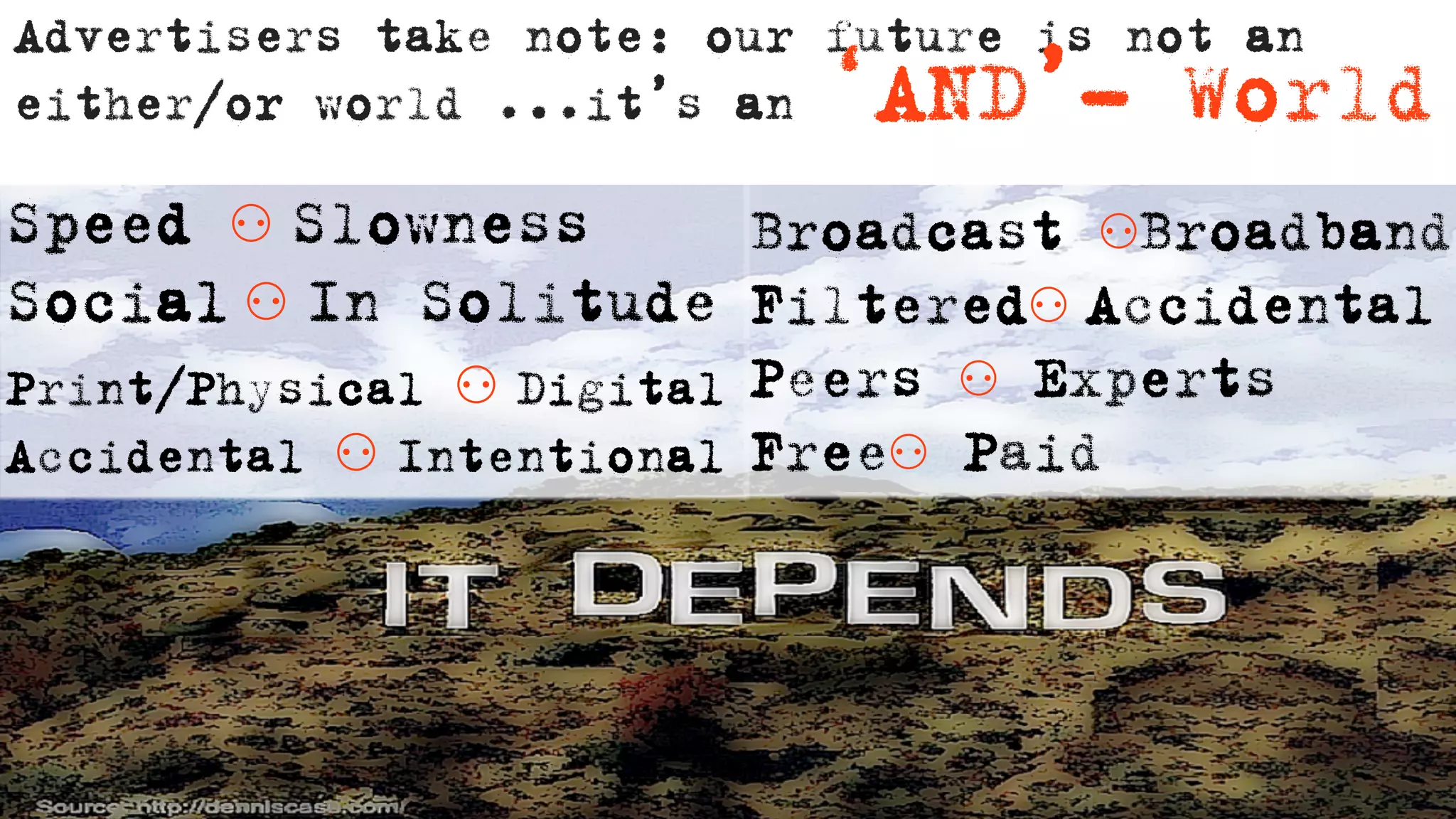 Advertisers take note: our future is not an
either/or world ...it’s an   ‘AND’- World
Speed ⚇ Slowness           Broadcast ⚇Broadband
Social ⚇ In Solitude       Filtered⚇ Accidental
Print/Physical ⚇ Digital   Peers ⚇ Experts
Accidental ⚇ Intentional   Free⚇ Paid
 