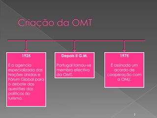 1925            Depois II G.M.          1975

É a agencia         Portugal tornou-se    É assinado um
especializada das   membro efectivo         acordo de
Nações Unidas e     da OMT.              cooperação com
Fórum Global para                             a ONU.
o debate das
questões das
politicas do
turismo.



                                                     2
 