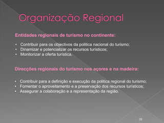 Entidades regionais de turismo no continente:

• Contribuir para os objectivos da politica nacional do turismo;
• Dinamizar e potencializar os recursos turísticos;
• Monitorizar a oferta turística.


Direcções regionais do turismo nos açores e na madeira:

• Contribuir para a definição e execução da politica regional do turismo;
• Fomentar o aproveitamento e a preservação dos recursos turísticos;
• Assegurar a colaboração e a representação da região.




                                                                    25
 