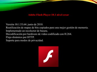 Adobe Flash Player 10.1 nivel cesar
Versión 10.1.53.64: junio de 2010.
Reutilización de mapas de bits copiados para una mejor gestión de memoria.
Implementado un recolector de basura.
Decodificación por hardware de video codificado con H.264.
Flujo dinámico por HTTP.
Soporte para modos de privacidad.
 
