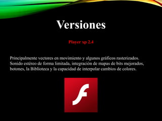 Versiones
Player xp 2.4
Principalmente vectores en movimiento y algunos gráficos rasterizados.
Sonido estéreo de forma limitada, integración de mapas de bits mejorados,
botones, la Biblioteca y la capacidad de interpolar cambios de colores.
 