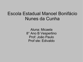 Escola Estadual Manoel Bonifácio Nunes da Cunha Aluna: Micaela 8° Ano B Vespertino Prof: João Paulo Prof ste: Edivaldo 