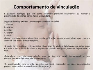 Comportamento de vinculação 
É qualquer ato/ação que tem como resultado previsível estabelecer ou manter a 
proximidade da criança com a figura vinculadora. 
Segundo Bowlby, existem cinco comportamentos no bebé: 
1. chupar 
2. agarrar 
3. seguir 
4. chorar 
5. sorrir 
•Estes comportamentos visam ligar a criança à mãe, sendo através deles que chama a 
atenção, por forma a obter resposta. 
•A partir de certa idade, entre os seis e oito meses de idade, o bebé começa a saber quem 
é a mãe; a partir de então, chora e inquieta-se quando a vê partir, torna-se dependente da 
mãe. 
•Estabelece com ela uma relação que vai ter um papel fundamental no seu 
desenvolvimento físico e social subsequente. 
•A proximidade com a mãe permite ao bebé responder às suas necessidades, 
proporcionando-lhe um sentimento de segurança. 
 