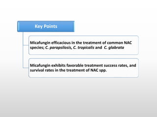 Key Points
Micafungin efficacious in the treatment of common NAC
species; C. parapsilosis, C. tropicalis and C. glabrata
Micafungin exhibits favorable treatment success rates, and
survival rates in the treatment of NAC spp.
 