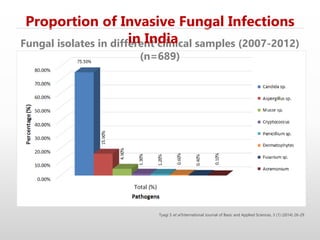 Fungal isolates in different clinical samples (2007-2012)
(n=689)
Proportion of Invasive Fungal Infections
in India
Tyagi S et al International Journal of Basic and Applied Sciences, 3 (1) (2014) 26-29
 